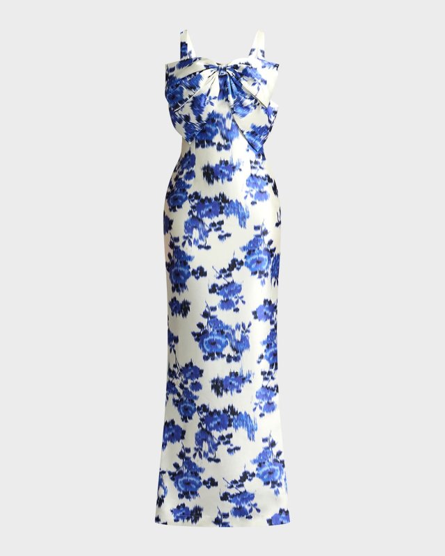 Sleeveless Floral-Print Bow-Front Mikado Gown